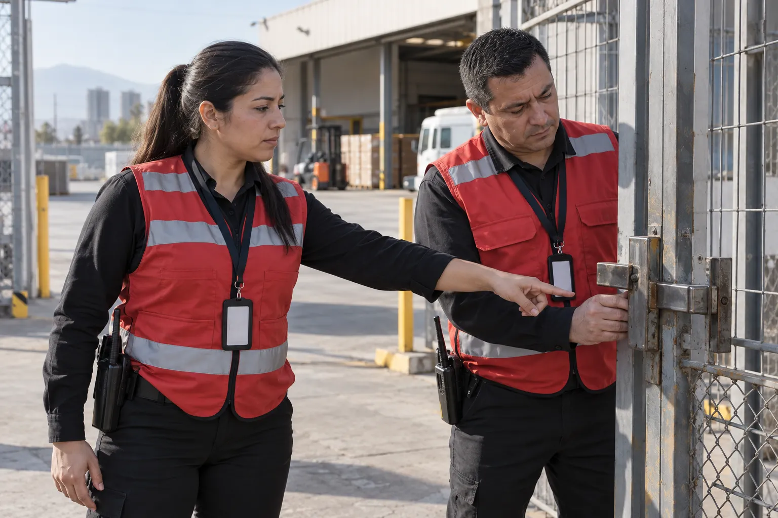 Supervisora y guardia inspeccionando el acceso de una bodega