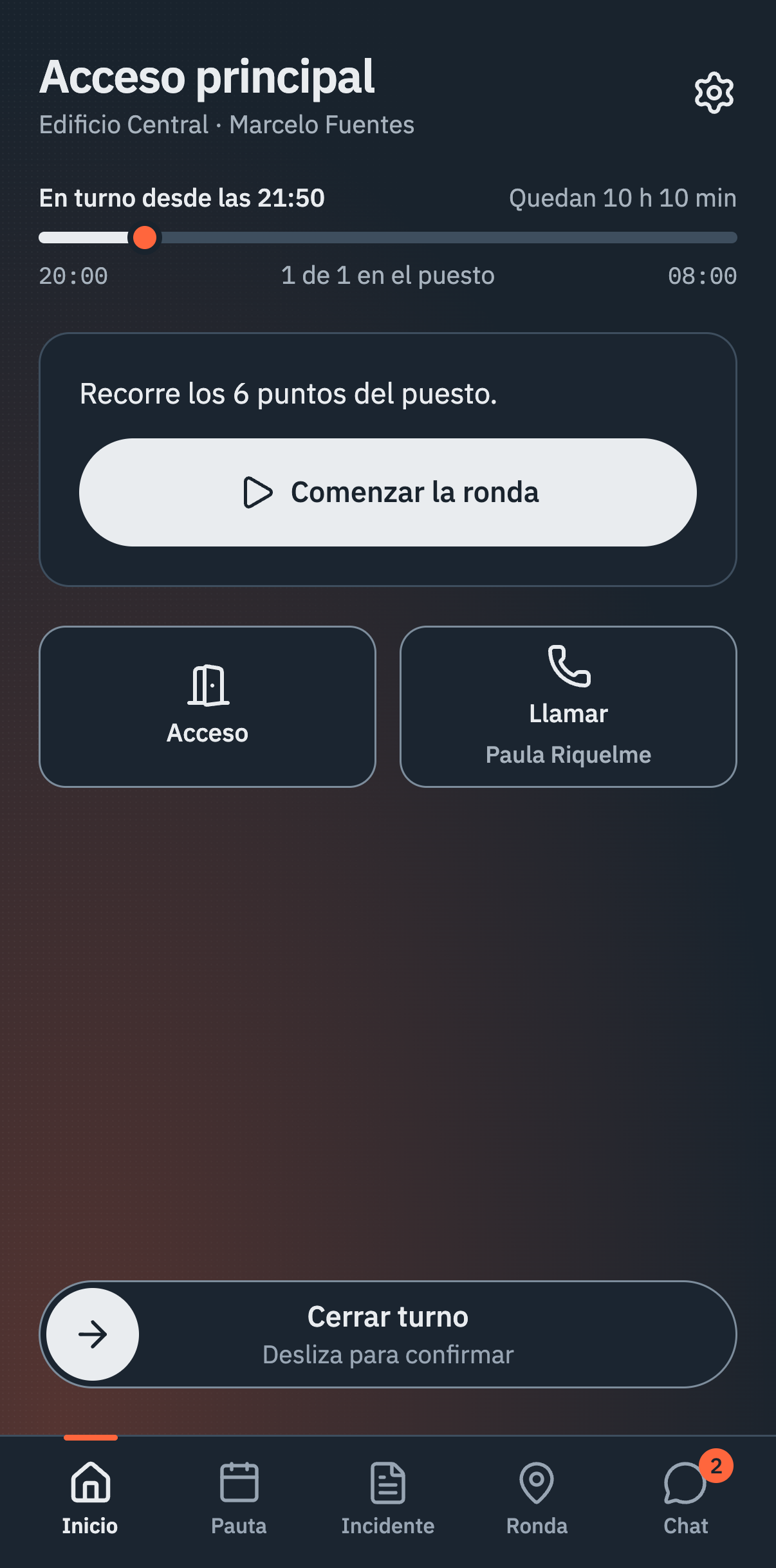 App · Inicio del guardia, interfaz de Vigitar en modo noche.