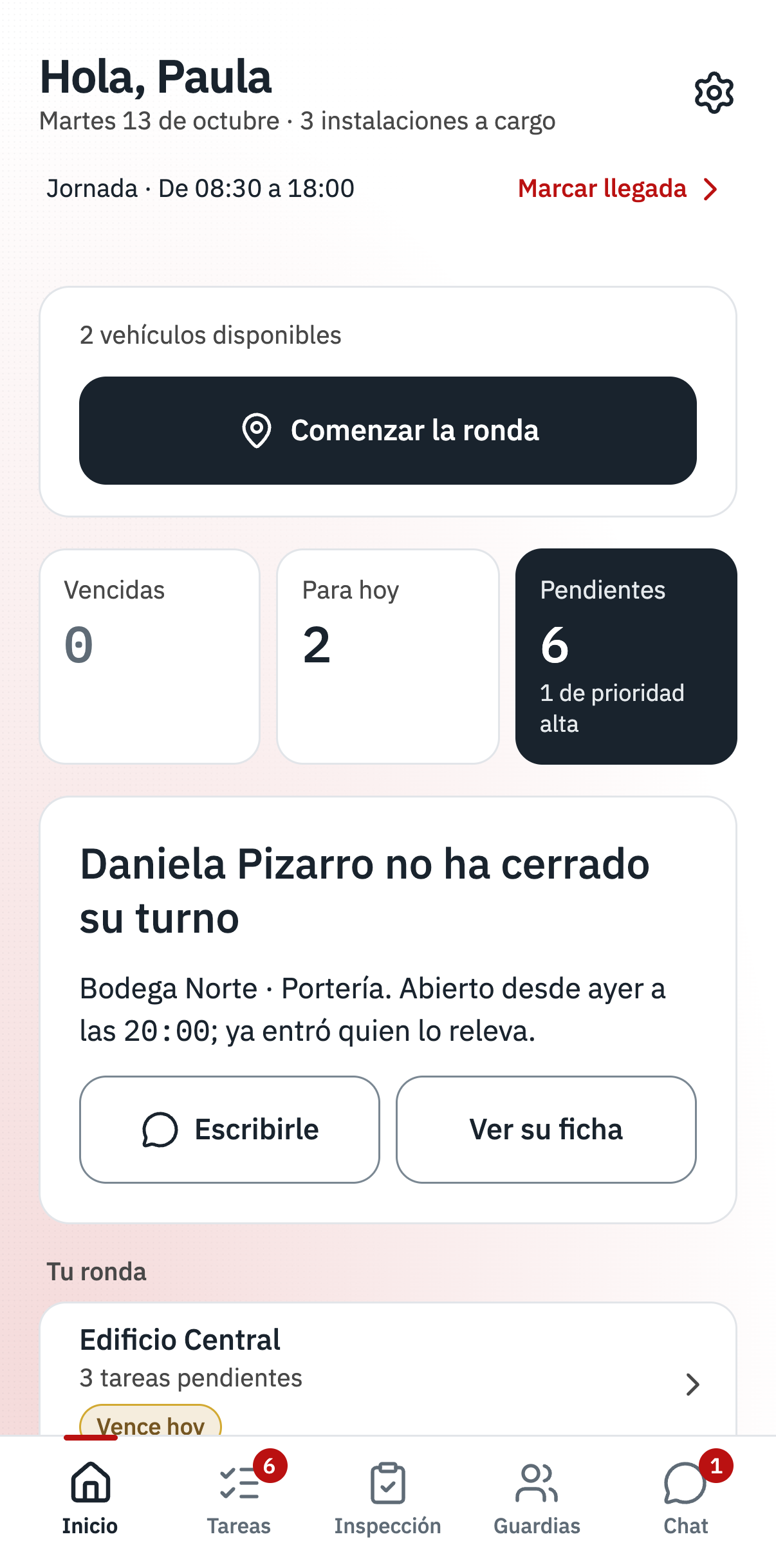 App · Inicio de la supervisora, interfaz de Vigitar en modo día.